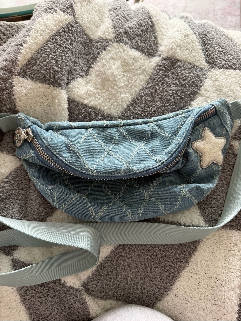 Stoney Clover Lane Quilted Denim Crossbody — Light Blue with Star Appliqué